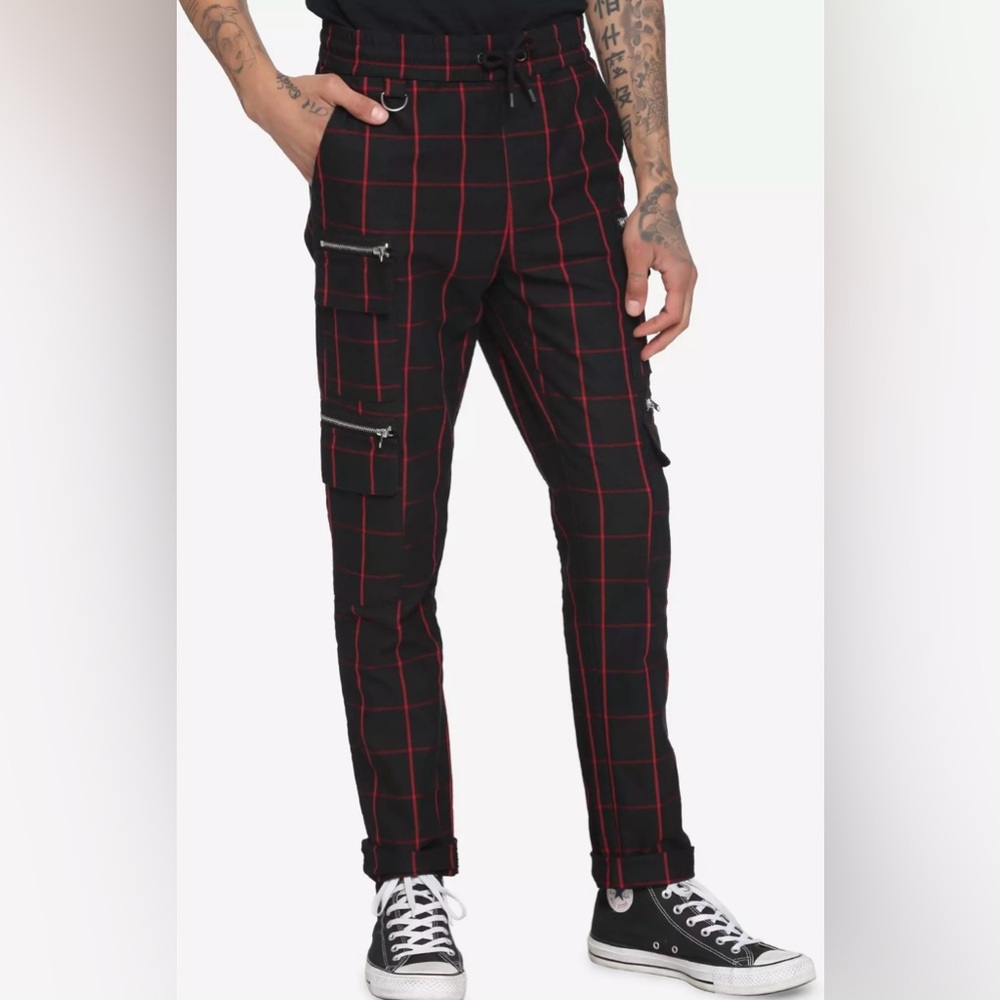 Hot Topic Black and Red Grid Cargo Pants